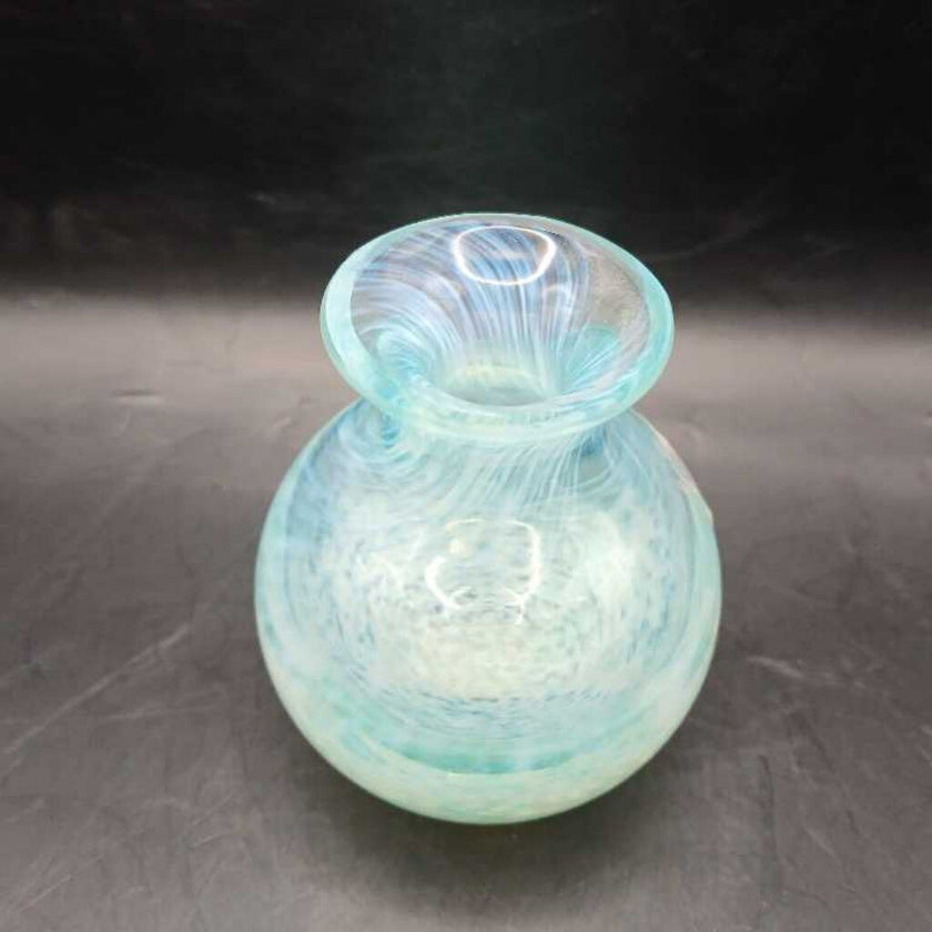 Caithness iridescent Aqua Blue Glass Posy Vase - With Sticker