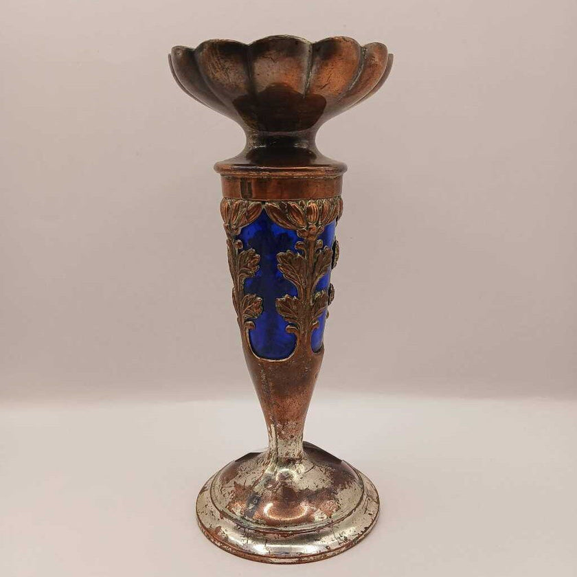 Colbalt encased in silver plated candle stick or bud vase