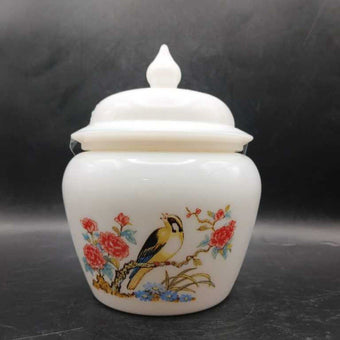 1970's Avon White Milk Glass Perfumed Candle Jar W/ Lid & Floral & Bird Design