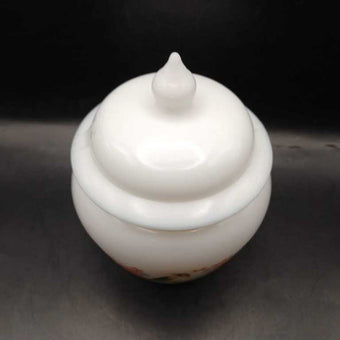 1970's Avon White Milk Glass Perfumed Candle Jar W/ Lid & Floral & Bird Design