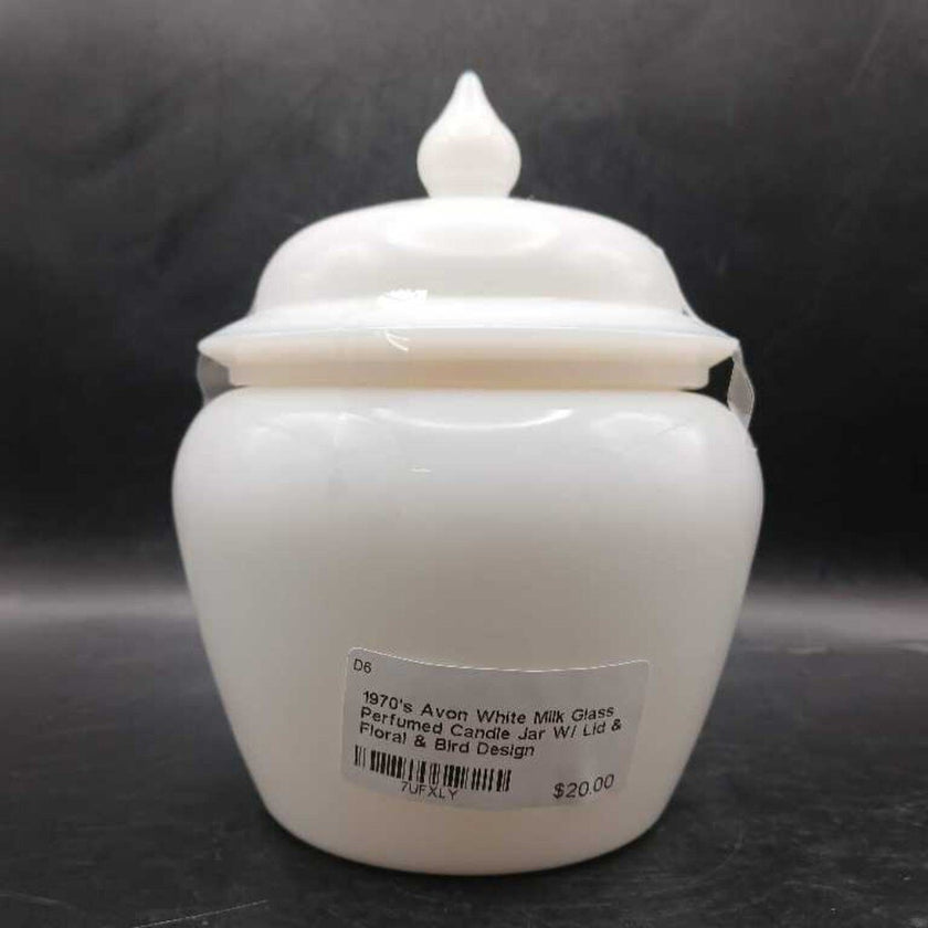 1970's Avon White Milk Glass Perfumed Candle Jar W/ Lid & Floral & Bird Design