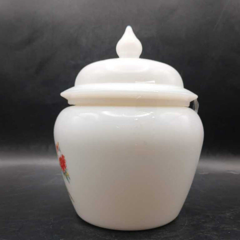 1970's Avon White Milk Glass Perfumed Candle Jar W/ Lid & Floral & Bird Design