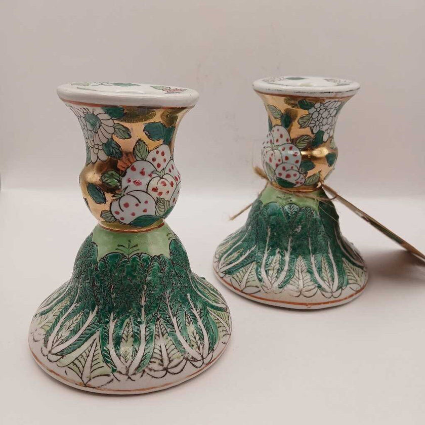 Chinese Famille Verte Porcelain Bok Choy Candlesticks Set