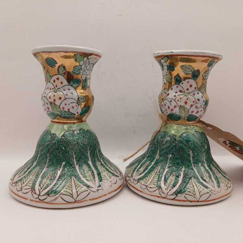 Chinese Famille Verte Porcelain Bok Choy Candlesticks Set