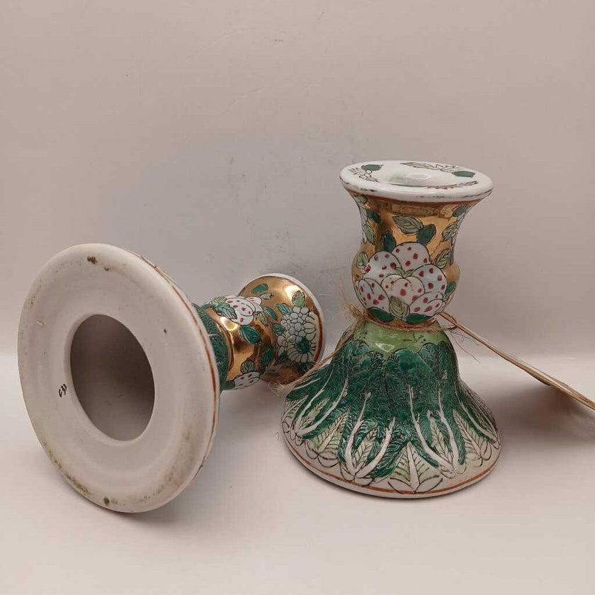 Chinese Famille Verte Porcelain Bok Choy Candlesticks Set