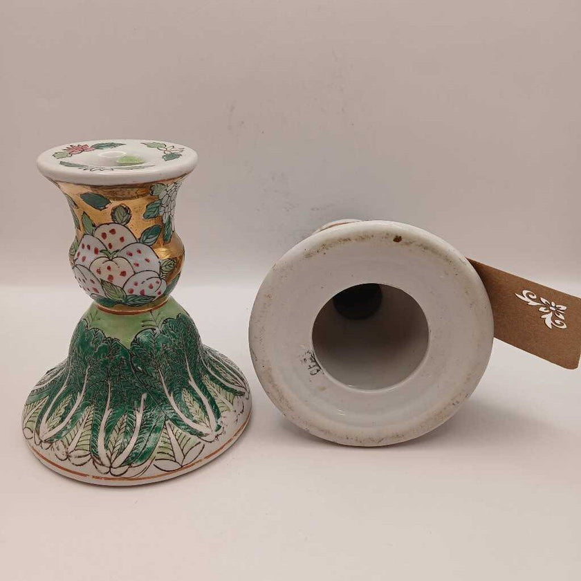 Chinese Famille Verte Porcelain Bok Choy Candlesticks Set