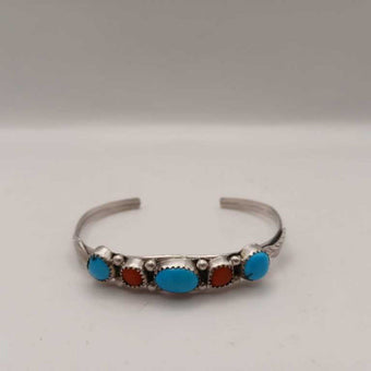 Navajo Sterling Silver Turquoise and Coral Bracelet