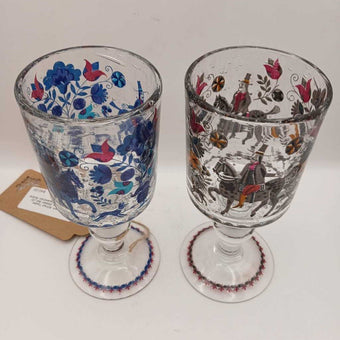 Hand Blown Alfred Taube Bubble Glass Goblet Set (2) Flowers and Equestrian Scene