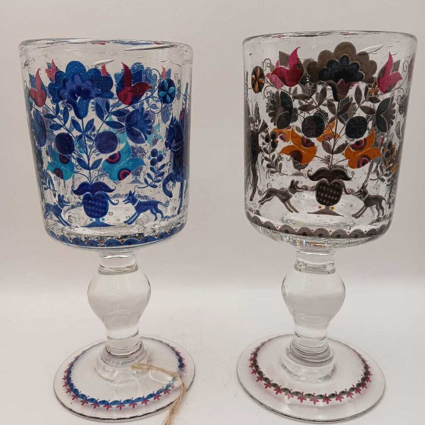 Hand Blown Alfred Taube Bubble Glass Goblet Set (2) Flowers and Equestrian Scene