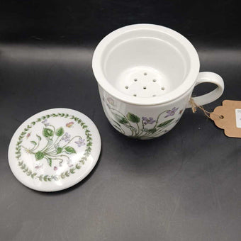 Andrea by Sadek Purple Flower and Butterfly Tea Cup with Strainer and Lid