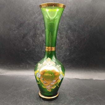 VINTAGE VENETIAN HAND PAINTED FLORAL GREEN ART GLASS HIGH ENEMAL GOLD GILT VASE
