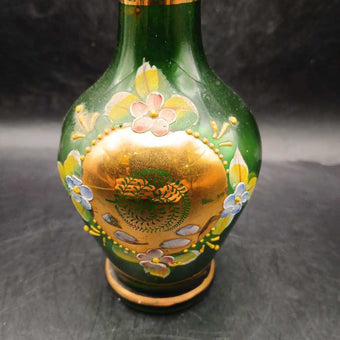 VINTAGE VENETIAN HAND PAINTED FLORAL GREEN ART GLASS HIGH ENEMAL GOLD GILT VASE