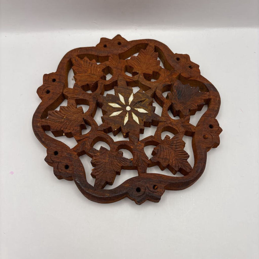 Vintage Hand Carved Wooden Trivet/Plant Riser with Inlay (AS-IS)