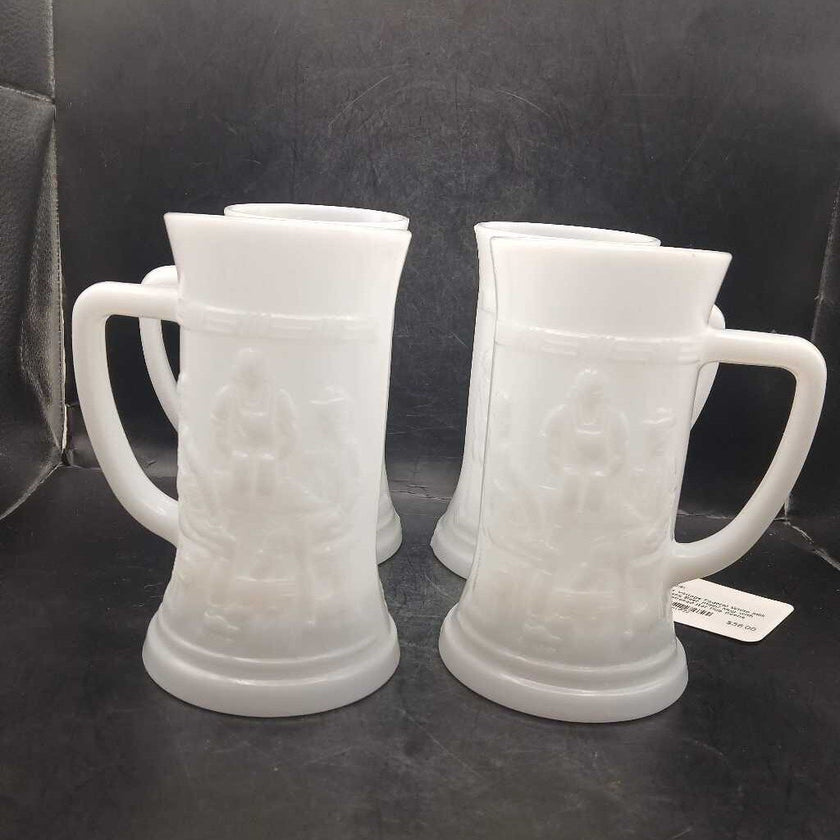 4x Vintage Federal White Milk Glass Beer Stein/ Mug with Embossed Bar Pub Scene