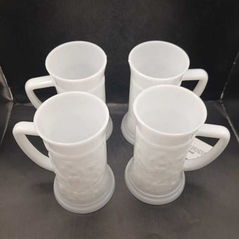 4x Vintage Federal White Milk Glass Beer Stein/ Mug with Embossed Bar Pub Scene