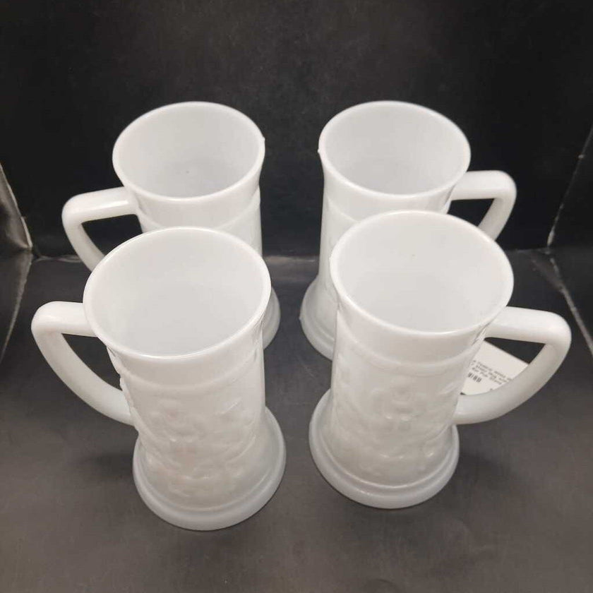 4x Vintage Federal White Milk Glass Beer Stein/ Mug with Embossed Bar Pub Scene