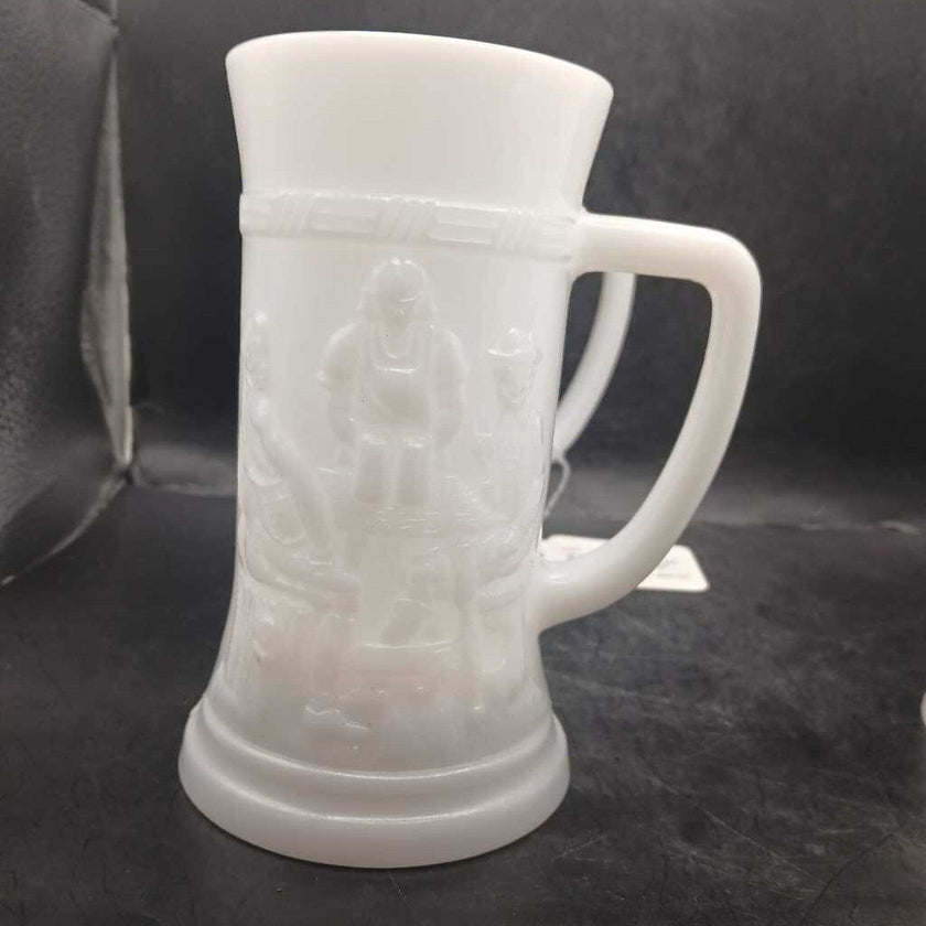 4x Vintage Federal White Milk Glass Beer Stein/ Mug with Embossed Bar Pub Scene