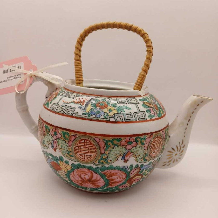 Vintage Rose Canton bamboo handle teapot