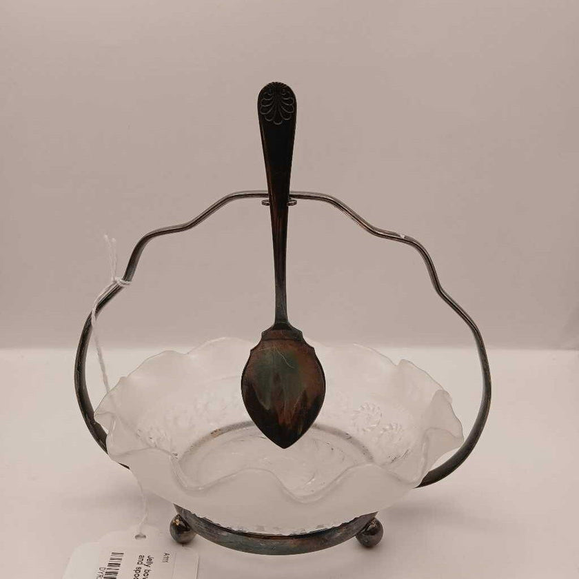 Jelly bowl with pewter stand and spoon