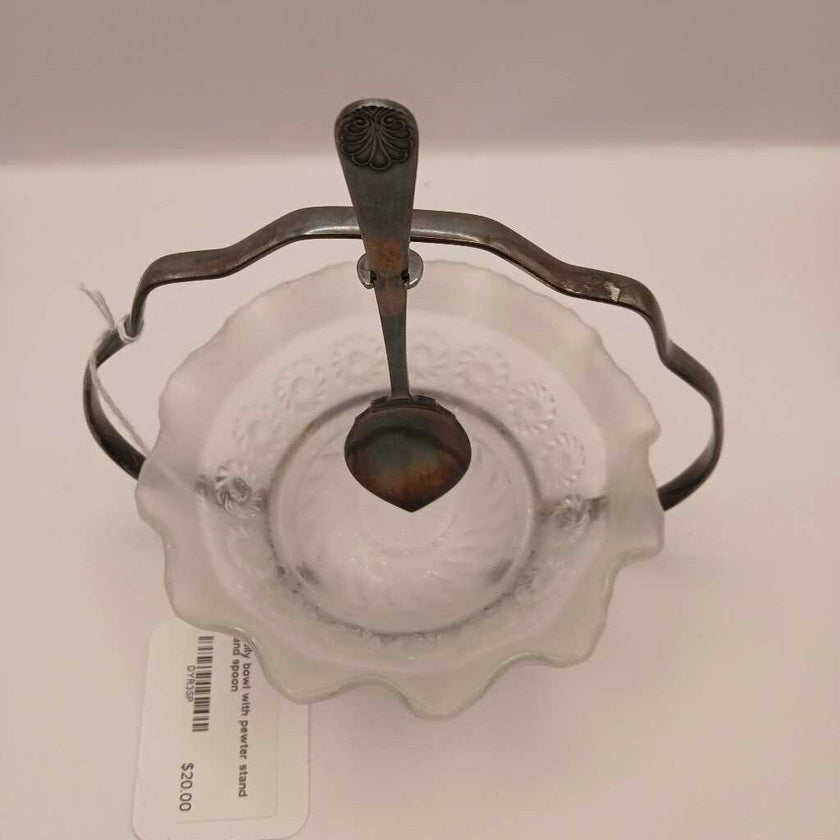 Jelly bowl with pewter stand and spoon