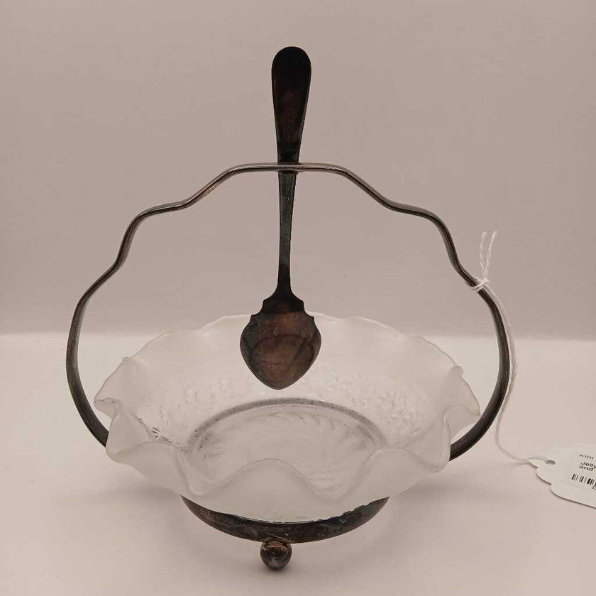 Jelly bowl with pewter stand and spoon