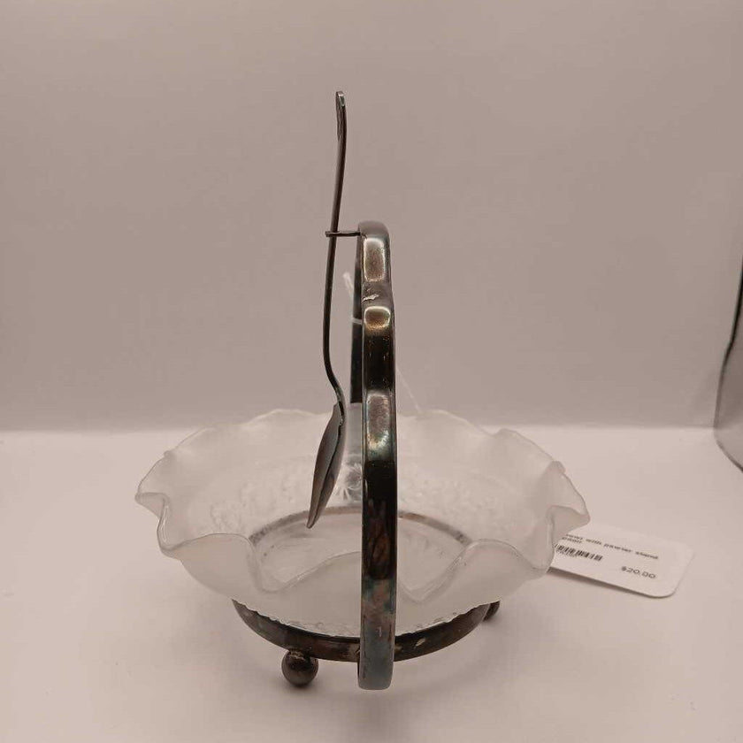 Jelly bowl with pewter stand and spoon