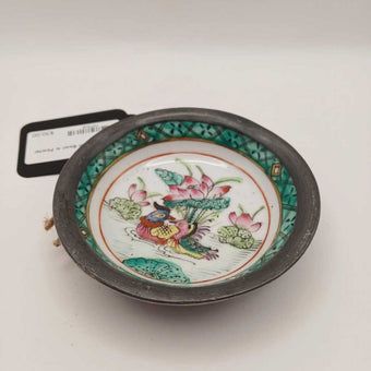 Vtg Porcelain Bowl w Pewter Overlay