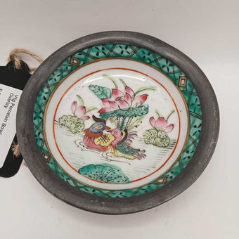 Vtg Porcelain Bowl w Pewter Overlay