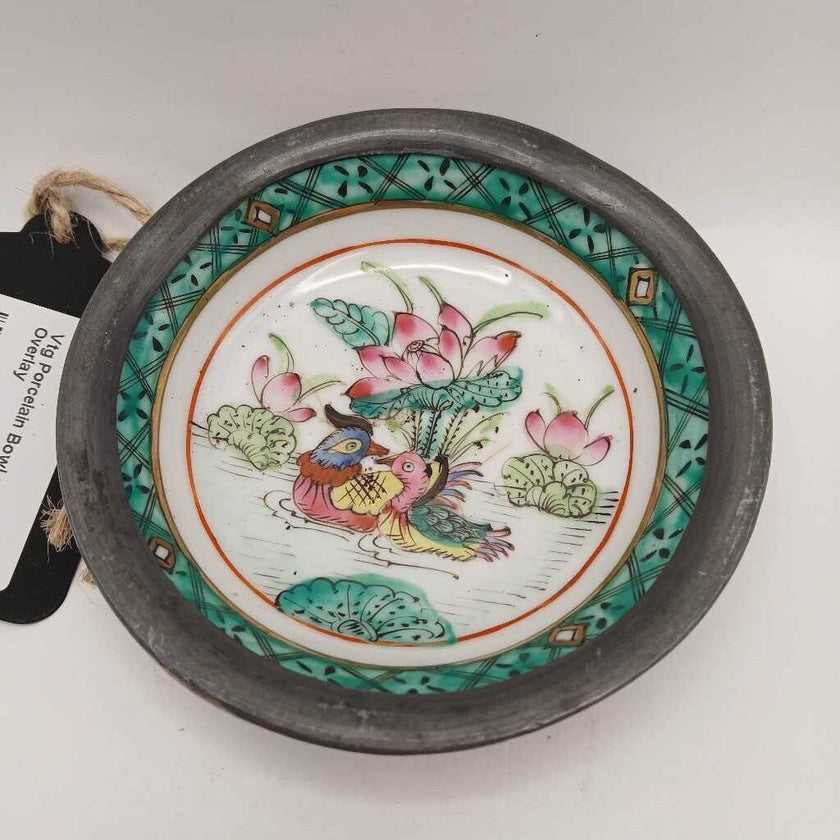 Vtg Porcelain Bowl w Pewter Overlay