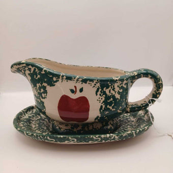 Red Apple Green Sponged Splatterware Gravy Boat With Underplate