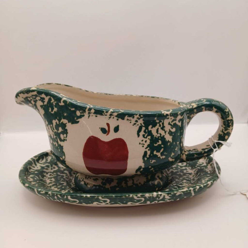 Red Apple Green Sponged Splatterware Gravy Boat With Underplate