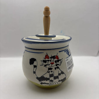 Studio Art Pottery Hand Thrown Honey Pot Jar With Lid & Wood Dipper Artist Mark