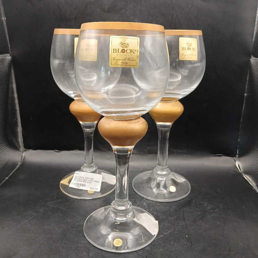 Set of 3 Block VINTAGE Blown Glass Optic Wine Goblet 9.5