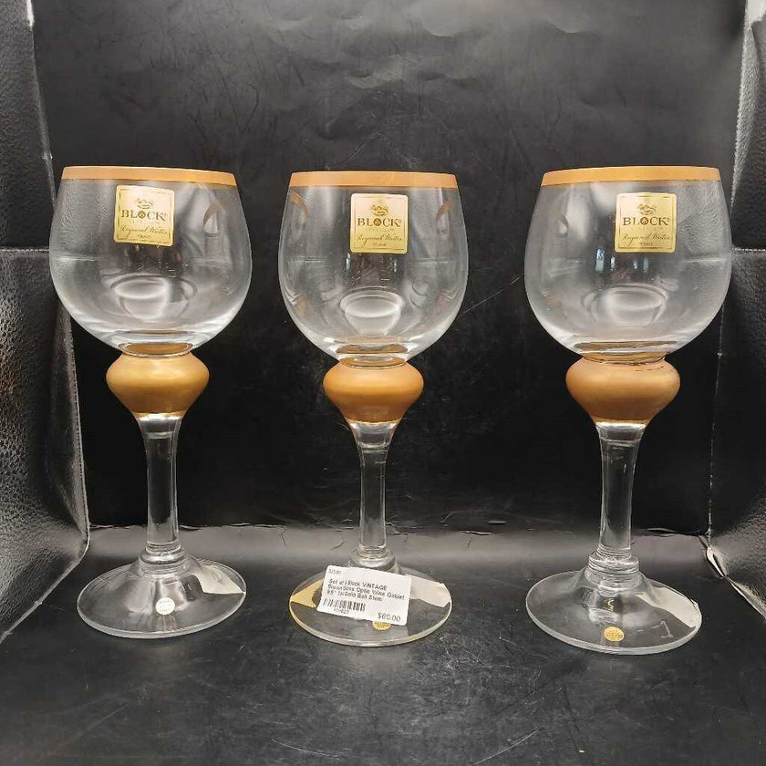 Set of 3 Block VINTAGE Blown Glass Optic Wine Goblet 9.5