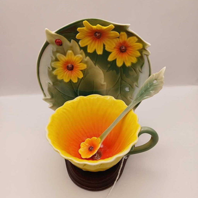 Sunflower teacup,plate with spoon and stand