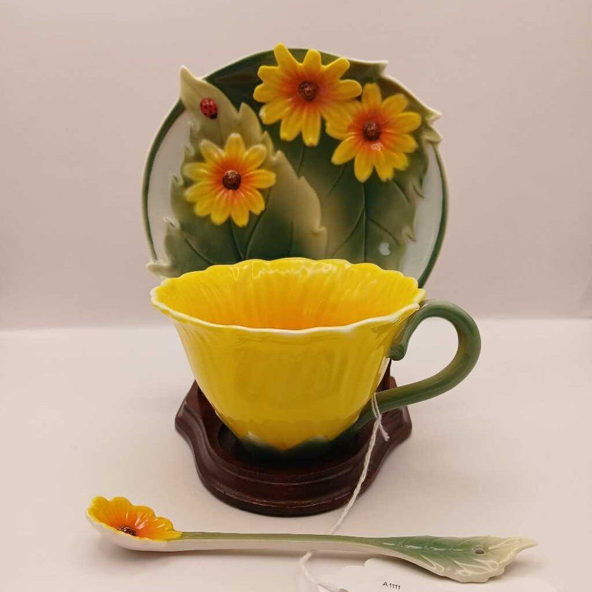 Sunflower teacup,plate with spoon and stand