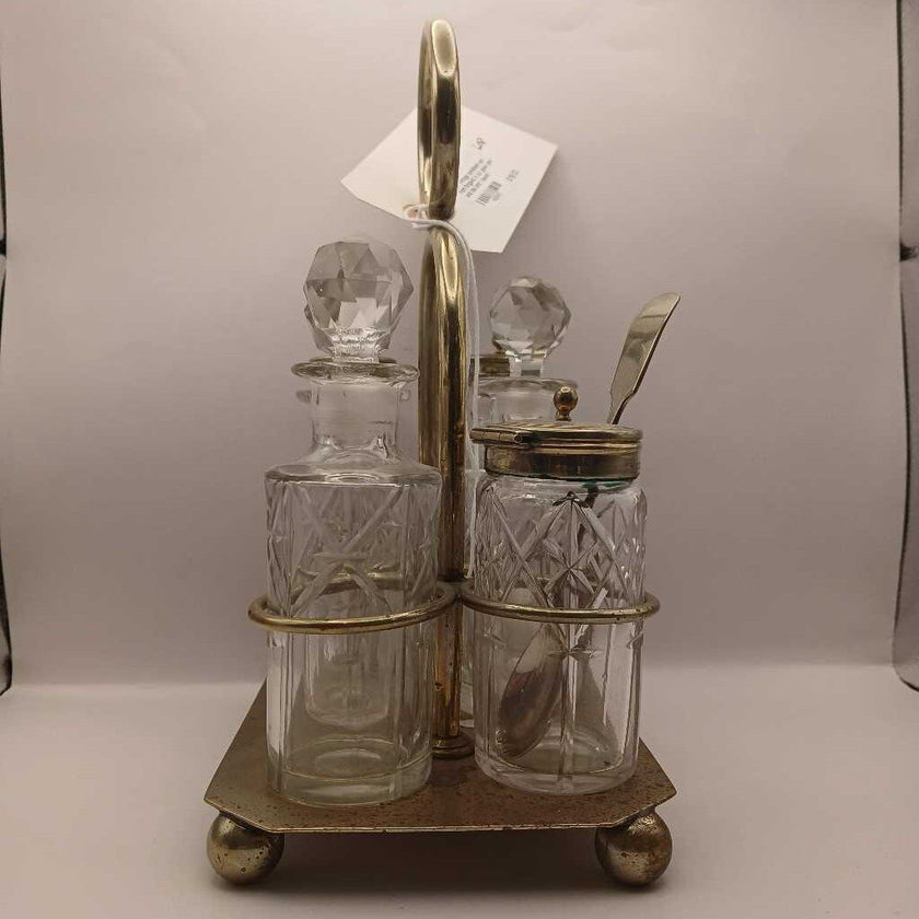 A18. Vintage condiment set from England. 6 cut glass jars and lids and 1 spoon