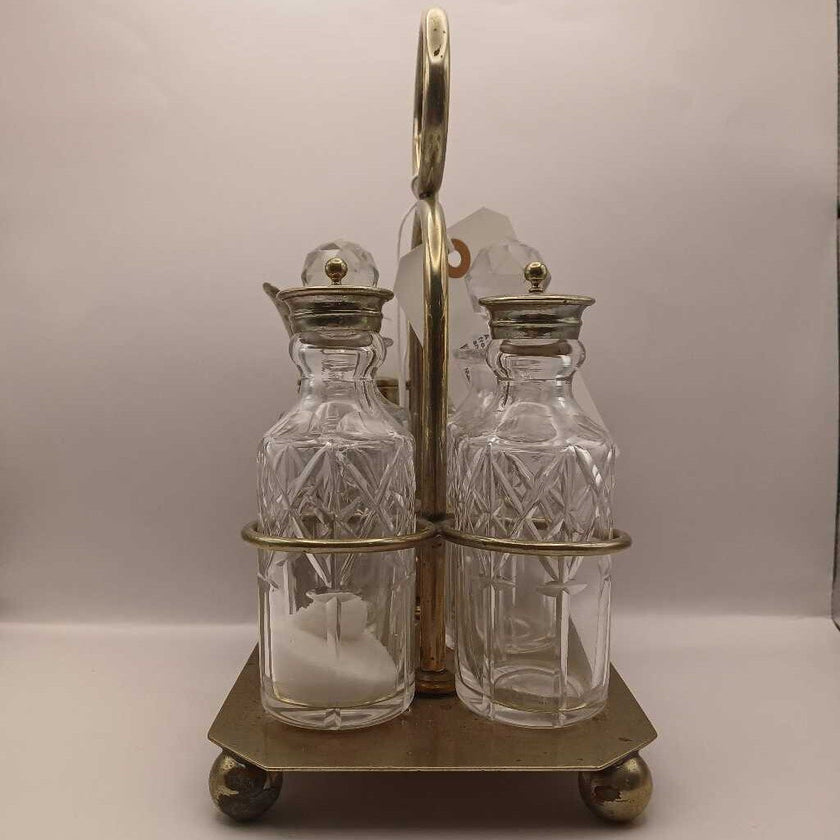 A18. Vintage condiment set from England. 6 cut glass jars and lids and 1 spoon