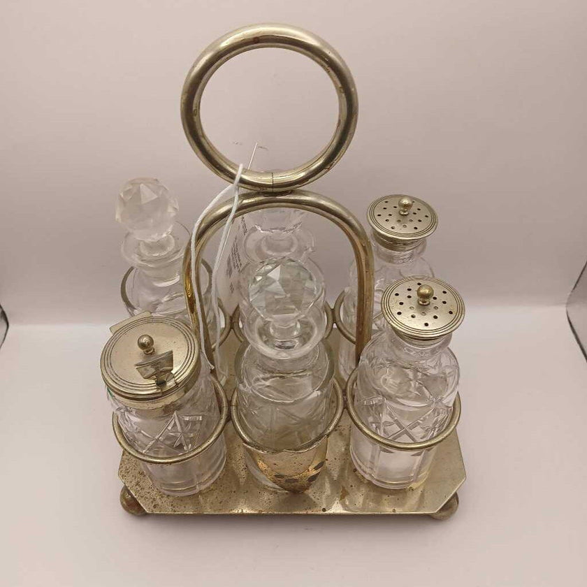 A18. Vintage condiment set from England. 6 cut glass jars and lids and 1 spoon