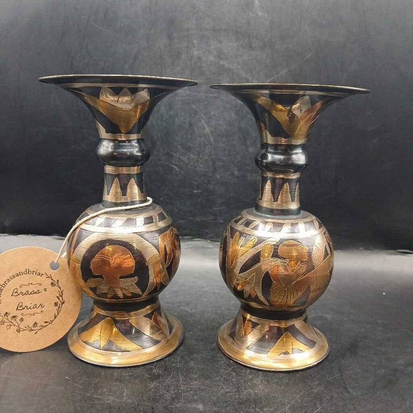 Egyptian Brass Tri Color Copper Metal Vase Set of 2