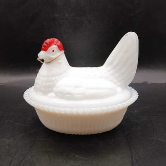 Westmoreland Hen on Nest Milk Glass Red Cone