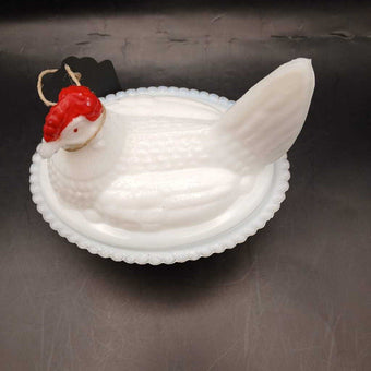 Westmoreland Hen on Nest Milk Glass Red Cone