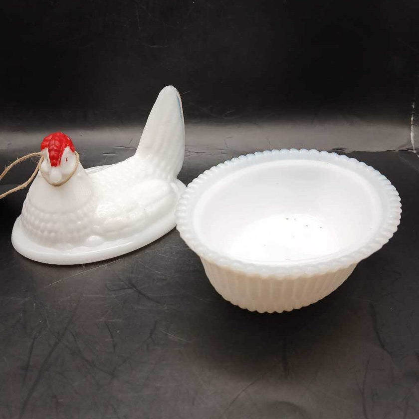 Westmoreland Hen on Nest Milk Glass Red Cone