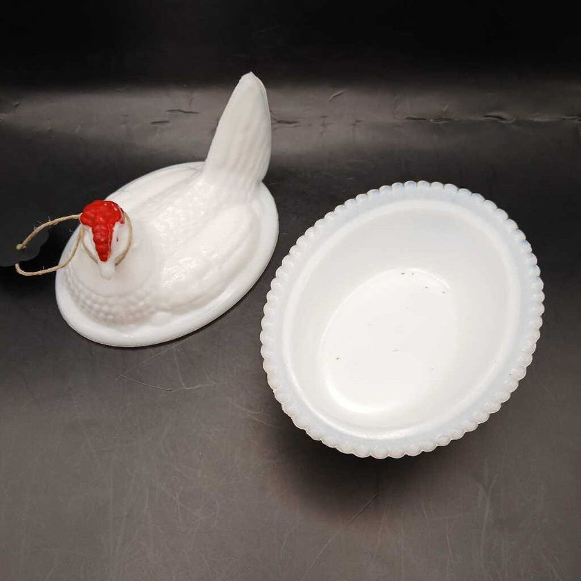 Westmoreland Hen on Nest Milk Glass Red Cone