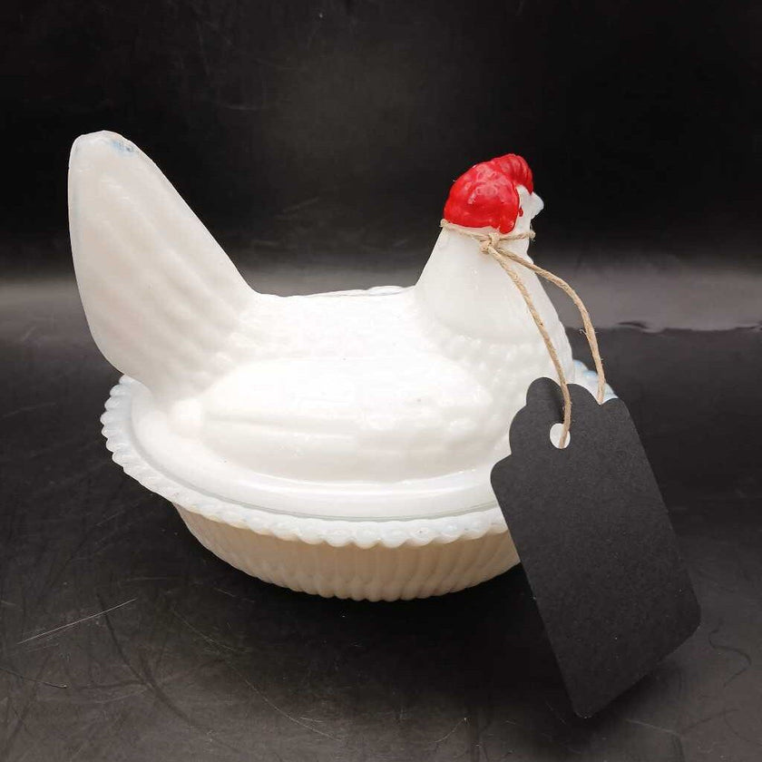 Westmoreland Hen on Nest Milk Glass Red Cone