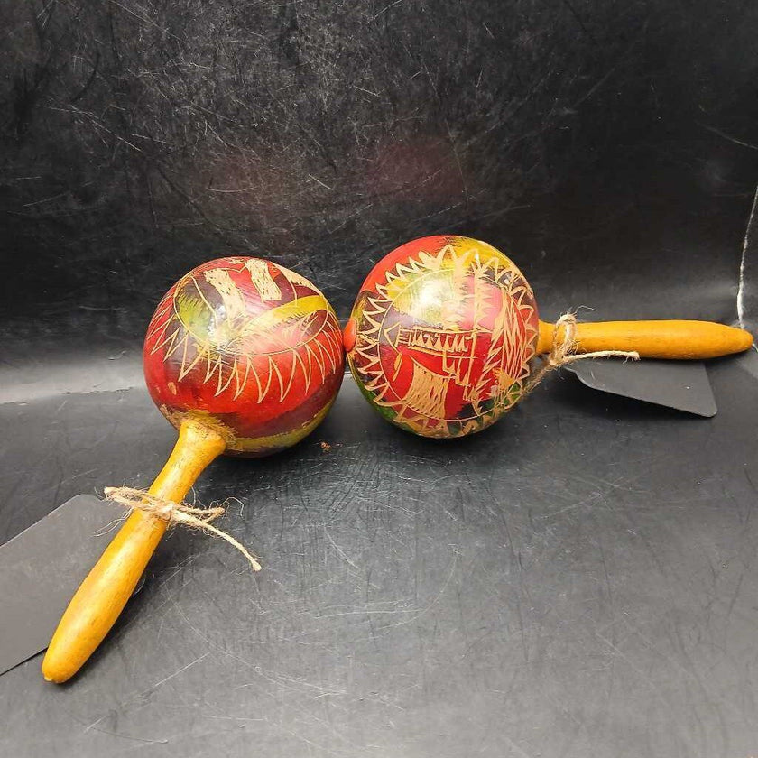 Vtg Pair Hand Carved Wooden Maracas 1 of 2