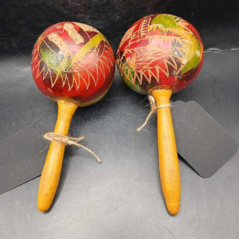 Vtg Pair Hand Carved Wooden Maracas 1 of 2
