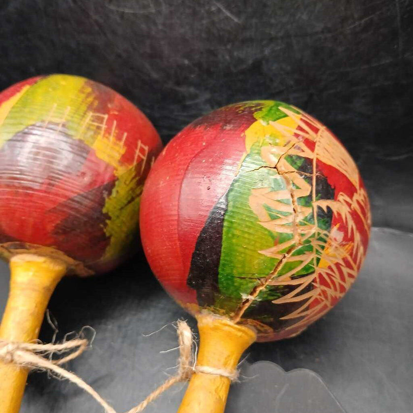 Vtg Pair Hand Carved Wooden Maracas 1 of 2