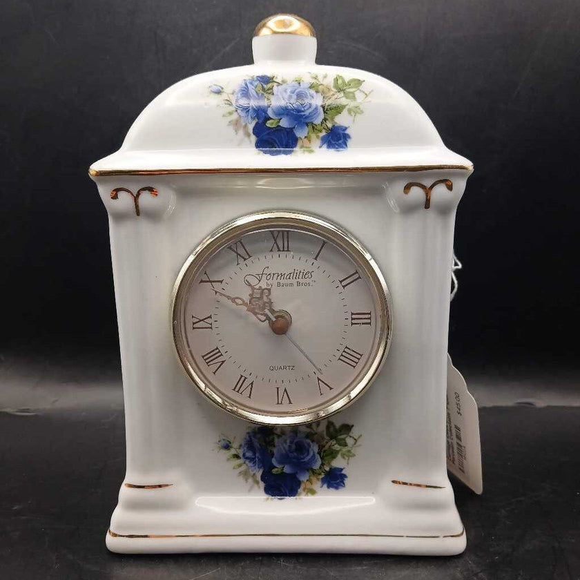 Classic Treasures Mantle Carriage Clock Blue Rose Porcelain Collectable 7