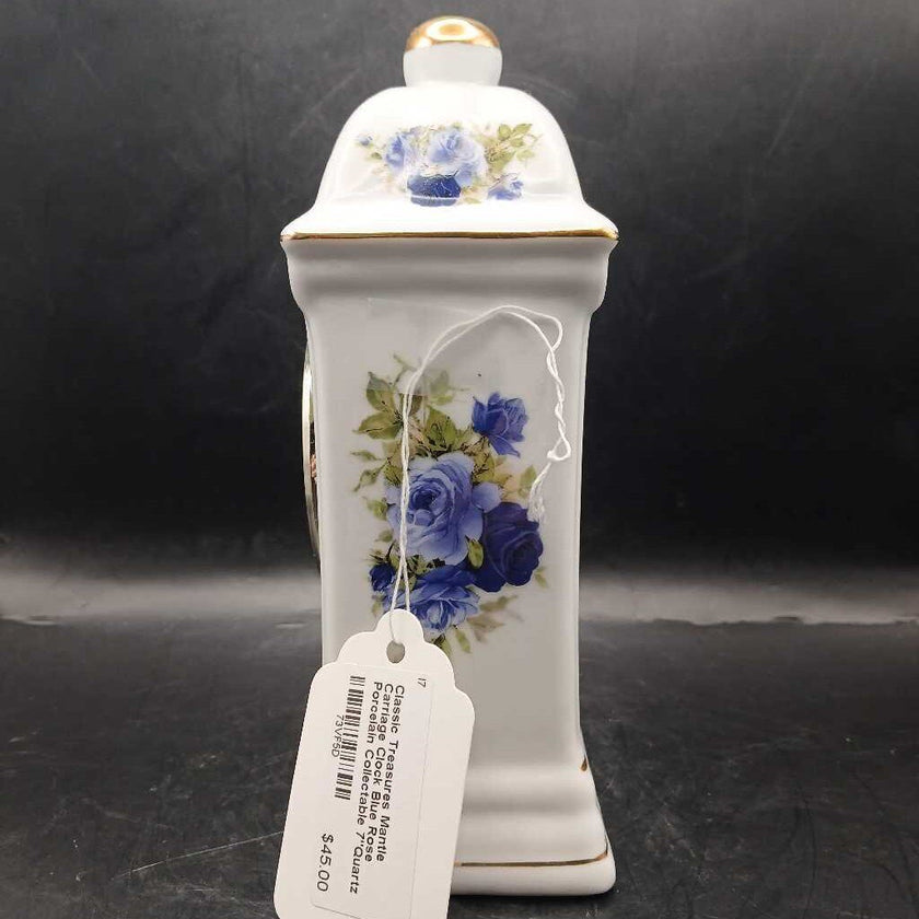 Classic Treasures Mantle Carriage Clock Blue Rose Porcelain Collectable 7